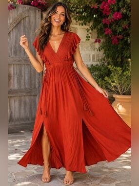 Baltic Born Rust Orange Boho Maxi Dress XXL Rayon Tassel Tie